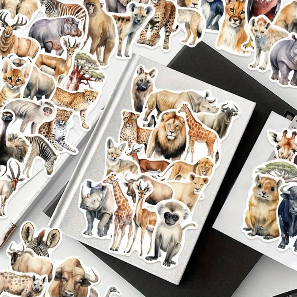 African Wildlife Animal Sticker Set of 50 Lion Rhino Giraffe Monkey Zebra Tiger